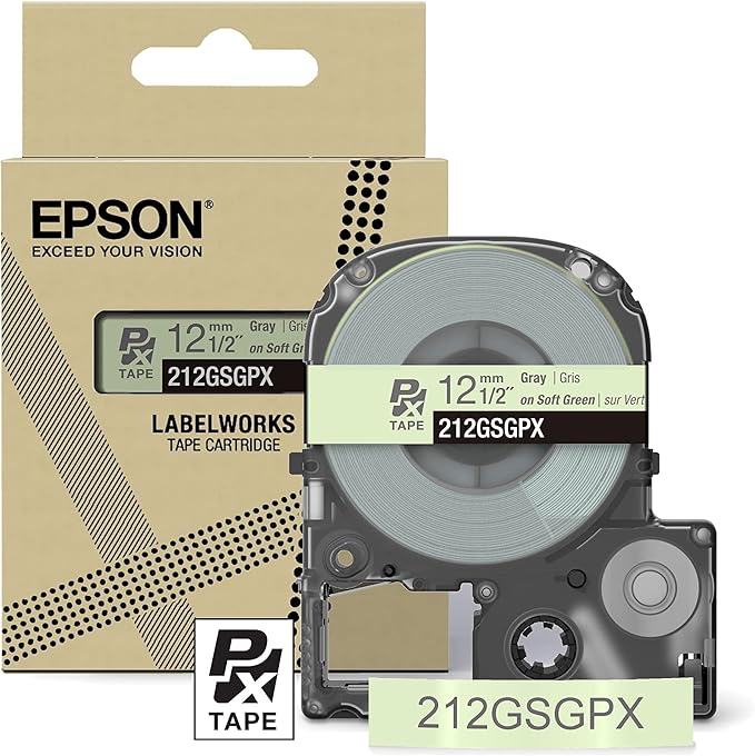 Epson LABELWORKS 212GSGPX Genuine PET (Polyester) Tape Cartridge - Gray on Soft Green Designer Craft Label Maker Tape - 1/2" (12MM) Wide, 26'