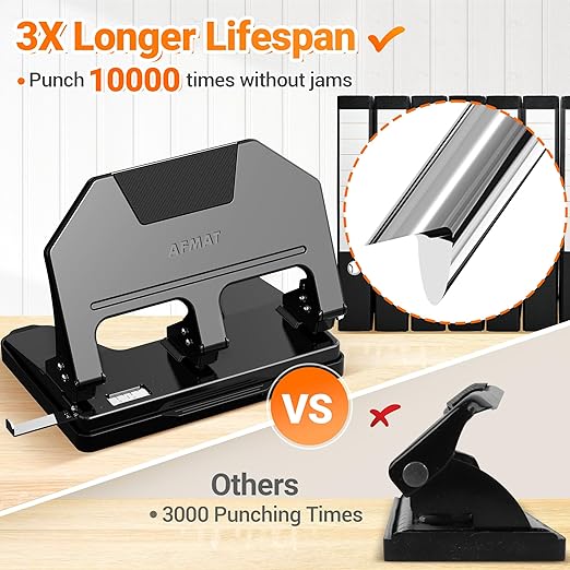 AFMAT 3 Hole Punch Heavy Duty, 9/32" Hole Diameter, 40-Sheet 3 Hole Puncher for Binder, 50% Reduced Effort, Metal Three Hole Punch w/ 10,000+ Uses, Bulit-in S.S. Paper Guide, Large Chip Tray, HPX3