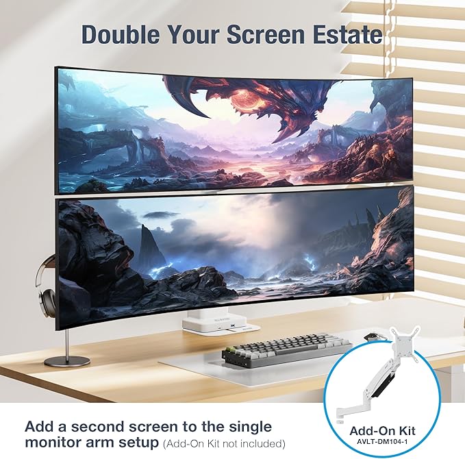 AVLT Single 57 Inch Heavy Duty Monitor Arm Pole Top Mount with USB-C USB-A Ports-White, Height Adjustable, Easy Install Top C-Clamp/Grommet with Reinforcement Plates, VESA Compatible 200/100/75