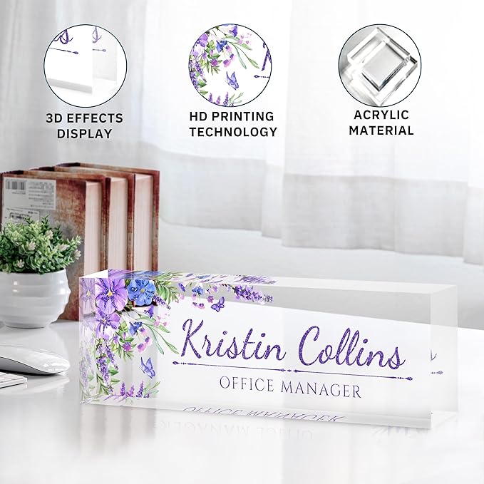 Custom Name Plate for Desk, Personalized Desk Name Plate on Clear Acrylic Glass, Appreciation Gifts for Teacher Employee Boss Coworkers Nurse, Office Desk Accessories for Women Men (Lavender)