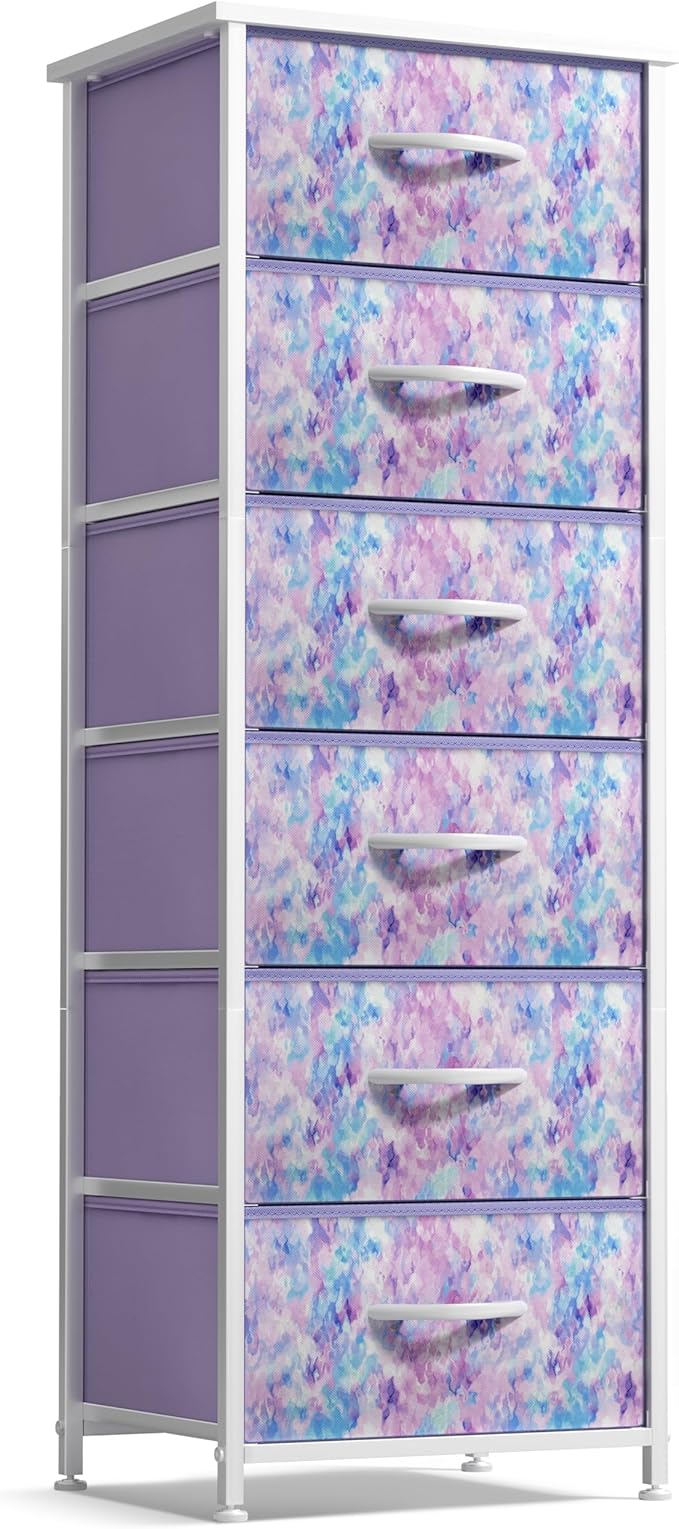 Sorbus Fabric Dresser for Kids Bedroom - Chest of 6 Drawers, Tall Storage Tower, Clothing Organizer, for Closet, for Playroom, for Nursery, Steel Frame, Fabric Bins - Wood Handle (Tie Dye Purple)