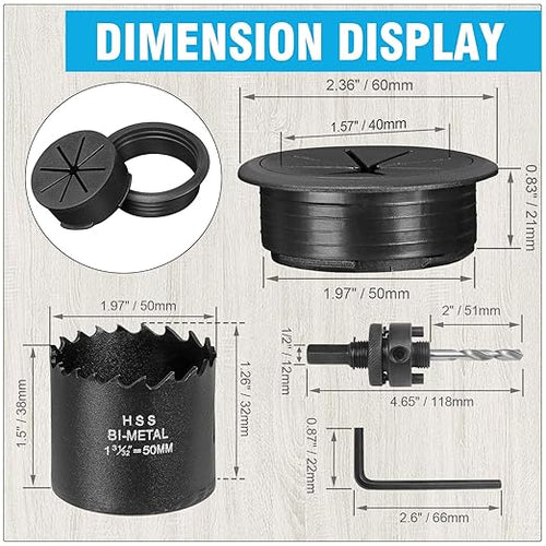 2" Black Desk Grommet, JTemgle Flexible Cable Grommet with Bi-Metal Hole Saw Plastic Cable Hole Cover Wire Organizer Caps Desktop Cord Management for Home Office TV Stands Tabletops, 13 Pieces
