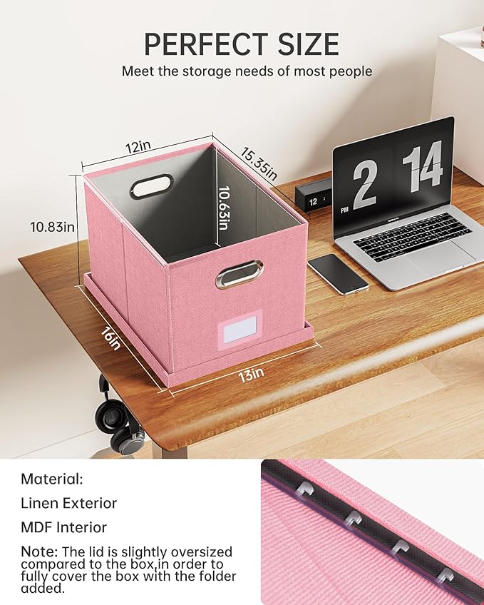 2 Pack File Storage Organizer, Filing Box, Portable File Box with Lid, Fit for Letter/Legal File Folder Storage, document organizer, New-pink