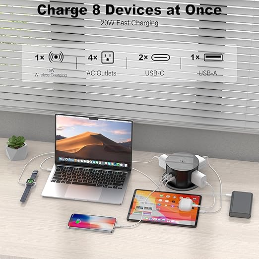 Pop Up Countertop Outlet with 15W Wireless Charger, PD 20W USB-C Ports & 4 AC Outlets, 800J Surge Protection, 4.75 inch Pop Up Receptacle, 6Ft Cord for Home Office(ETL & FCC Listed)