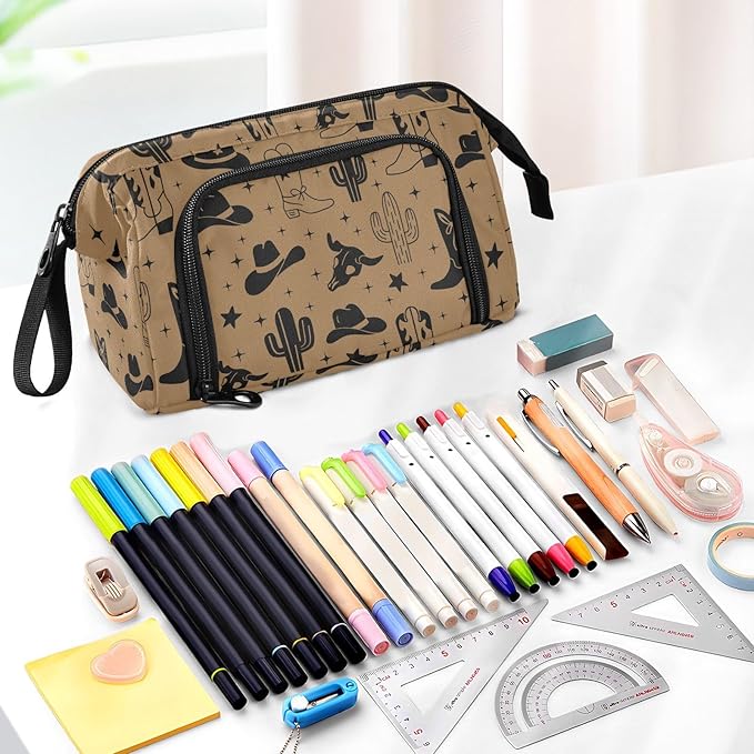 Western Cowboy Brown Pencil Case Pouch Big Capacity Pencil Bag Box Organizer Pen Case with Handle Stationery Organizer for Girls Boys Women School College Office