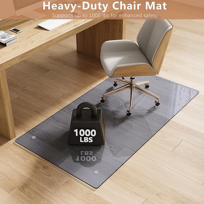 Tempered Glass Gray Chair Mat for Carpet & Hard Floor, 30"x55" Office Chair Mat - Heavy Duty & Scratch Resistant, Non-Slip Pads, Rounded Corners & Polished Edges