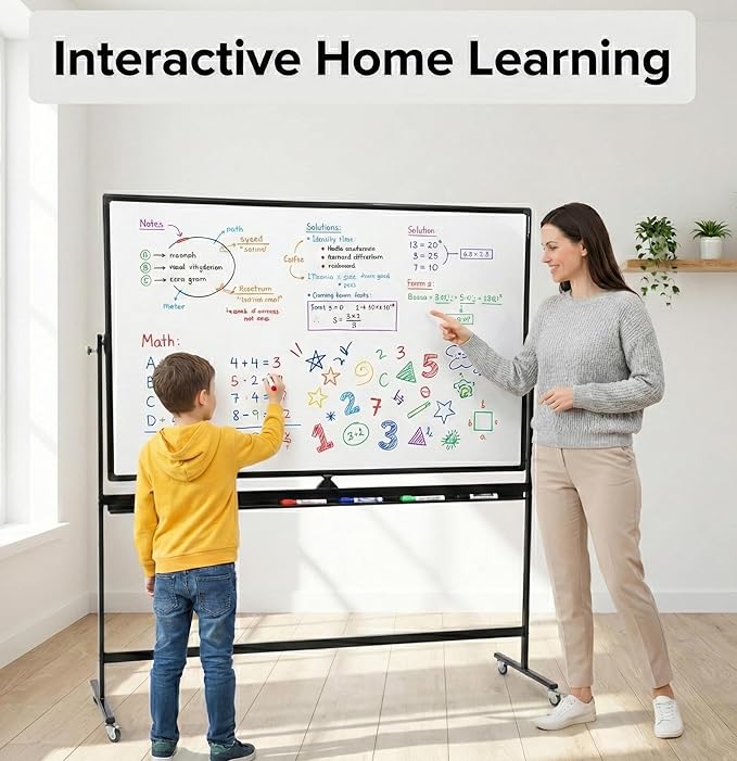 Large 72x40 Inch Mobile Whiteboard, Double-Sided Magnetic Dry Erase Board on 360-Degree Rolling Stand, Height-Adjustable, Reversible for Office, Classroom & Home Use