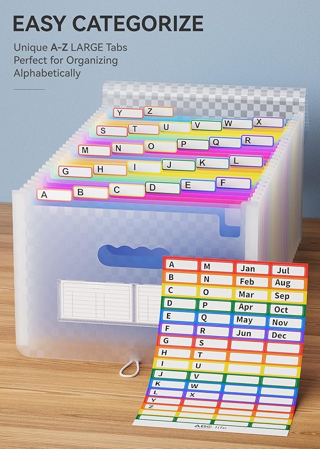 ABC life 26 Pockets Accordion File Organizer, Expanding File Folder, Portable Monthly Paper Bill Tax Receipt Organizer, Letter A4 Size Document Organizer with Labels - Blue