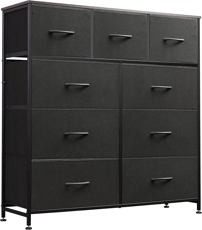 WLIVE 9-Drawer Dresser, Fabric Storage Tower for Bedroom, Hallway, Entryway, Closet, Tall Chest Organizer Unit with Fabric Bins, Steel Frame, Wood Top, Easy Pull Handle, Charcoal Black