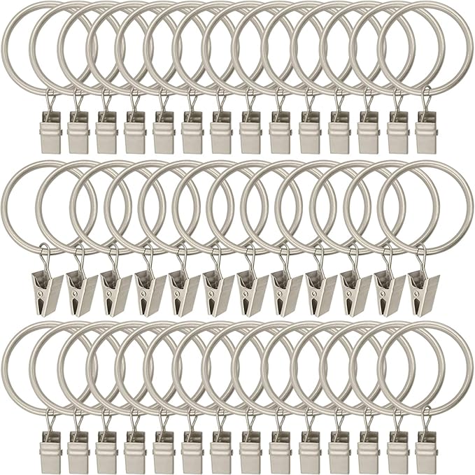 AMZSEVEN 40 Pack Metal Curtain Rings with Clips, Drapery Clips Hooks, Decorative Curtain Rod Clips 1.5 in Interior Diameter, Matte Silver