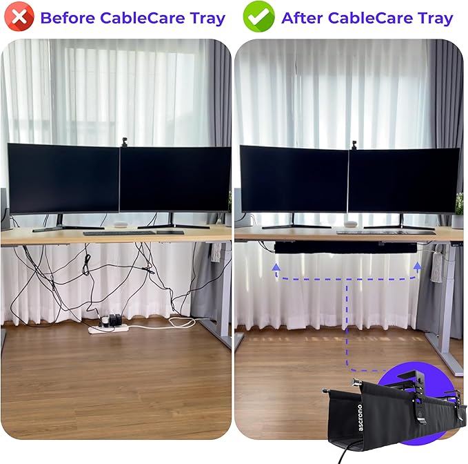 Ascrono Original No Drill Under Desk Cable Management Tray 53.9" - Premium White Fabric Cable Management Under Desk - Clamp/Screw Mount Cord Organizer - Supports Upto 66lbs - Extra Large