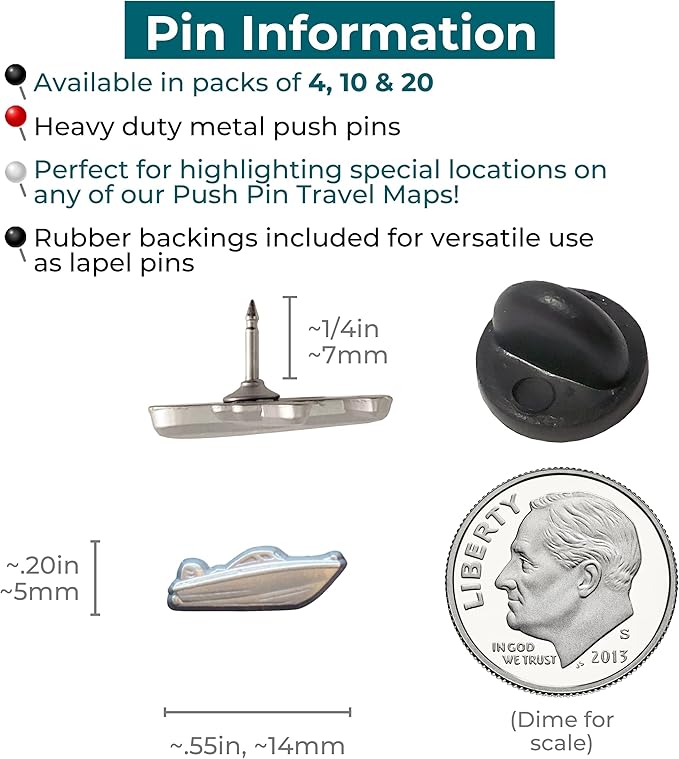 Motor Boat Push Pins - Silver Speedboat Map Pins for Cork Boards, Maps, or Lapel Use - Designed in USA - Set of 4