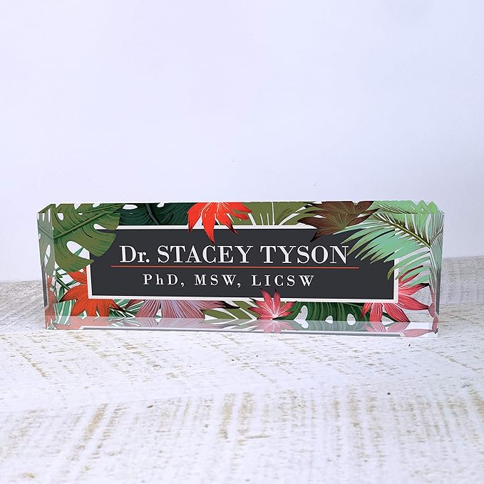 Artblox Personalized Name Plate for Desk | Leaf Flowers Design On Clear Acrylic Glass | Custom Desk Name Plate Personalized with Your Name and Credentials for Teacher Phd Military Office Name Plate