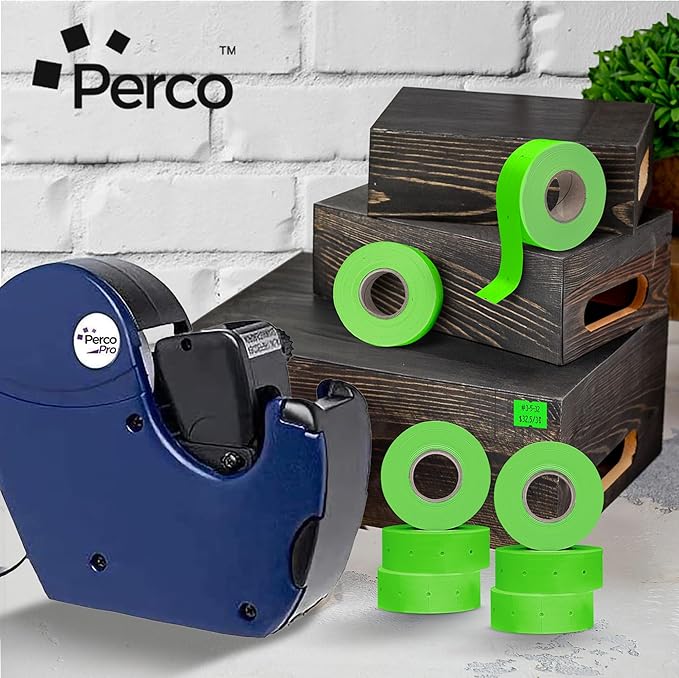 Perco 2 Line Fluorescent Green Labels - 32 Rolls, 4 Sleeves, 24,000 Blank Price and Date Gun Labels for Perco 2 Line Price and Date Guns - Made in USA