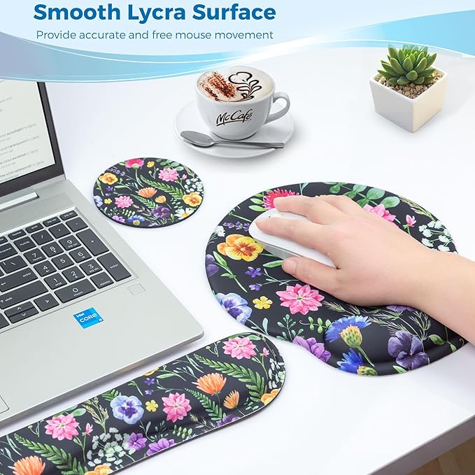 Mouse Pad and Keyboard Wrist Rest Support, with Non-Slip PU Base,Gel Mouse Pad with Coaster,Pain Relief for Gaming, Computer,Office -Floral Background