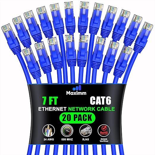 Maximm Cat 6 Ethernet Cable 7 ft (20-Pack) - High-Speed LAN Cable, Internet Cable, Patch Cable, and Network Cable - UTP, 10Gbps, 550MHz Ethernet Cord - Blue