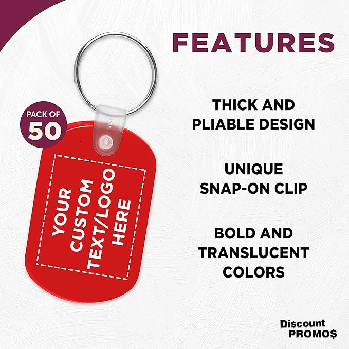 DISCOUNT PROMOS Tag Soft Plastic Keychains - 50 pack - Customizable Text, Logo - Small Key Tag Chain For Staying Organized - Rubber Key Ring Keychain – Red