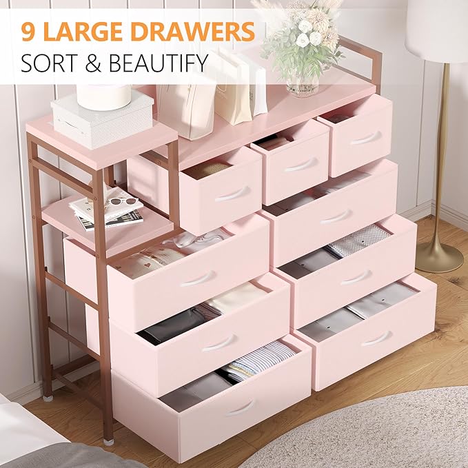 Jojoka 9 Drawer Dresser TV Stand with Charging Station,Modern Entertainment Center for Living Room & Bedroom with Power Outlets, Open Storage Shelves, Pink