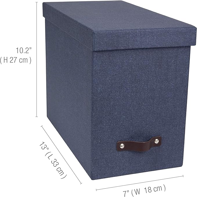 Bigso John Desktop File Box - File Storage Box and Document Organizer for Important Paperwork - Durable Hanging File Box with a Lid and Leather Handle - 7.36 in x 13.26 in x 10.51 in - Blue