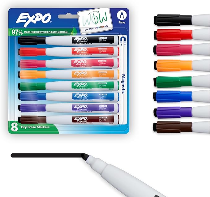 Expo Magnetic Dry Erase Markers with Eraser, Fine Tip, Assorted, 8 Count