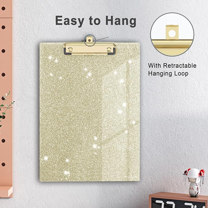 Glitter Acrylic Clipboard Decorative Standard A4 Letter Size 12.2" x 8.7", Fashion Bling Clip Boards with Designed Low Profile Gold Clip for Classroom Office - Light Gold