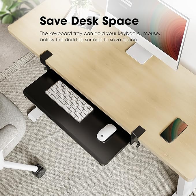 Fenge Keyboard Tray Under Desk, Pull Out Keyboard & Mouse Tray with C Clamp Mount, Sliding Keyboard Holder for Desk, 25.6 x 11.8 inch Large Slide-Out Platform Computer Drawer for Typing, Black
