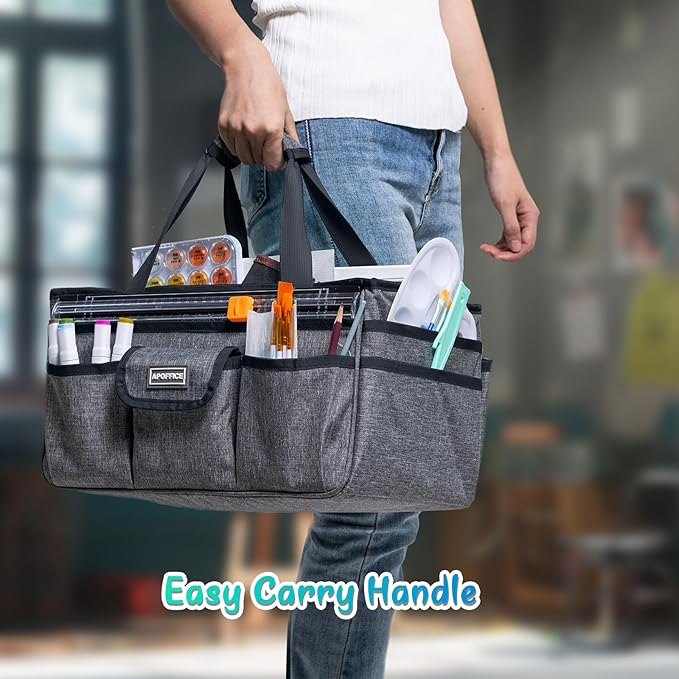 Art Supply Organizer Tote Bag – Craft Caddy with Handle, Utility Storage Tote with Multiple Pockets & Adjustable Divider for Sewing, Scrapbooking, School, Office, Medical Supplies