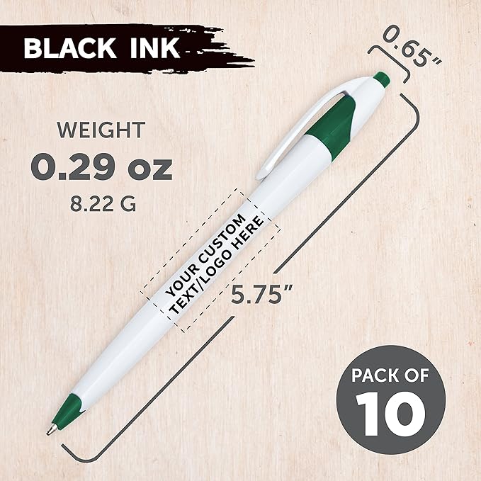 DISCOUNT PROMOS Custom Slim Curvy Ballpoint Pens Set of 10, Personalized Bulk Pack - Black Ink, Retractable, Great for Office, School, Tradeshows - Green