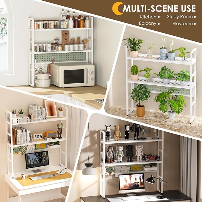 Desk Shelf, 35.43" Desk Hutch Bookshelf, Desktop Shelf with Pegboard for Computer Monitor, Metal Desktop Hutch Storage Organizer for Dorm Home Office, 2 Tier Bookcase, White