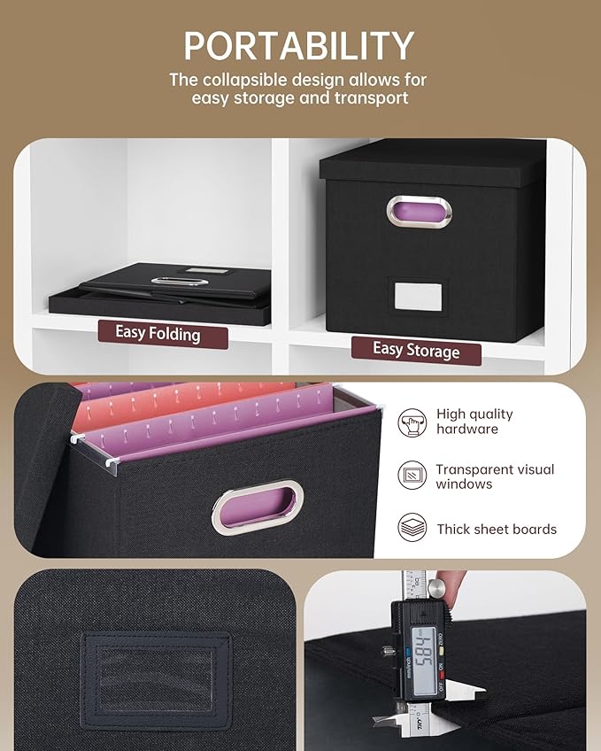 2 Pack File Storage Organizer, Filing Box, Portable File Box with Lid, Fit for Letter/Legal File Folder Storage, Document Organizer, Black