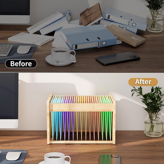 Bamboo Hanging File Organizer, Office Desk File Organizer for Letter Size, Wood Hanging File Folders Organizer Record Holder Storage Stand Bookshelf Easy Assembly, Natural