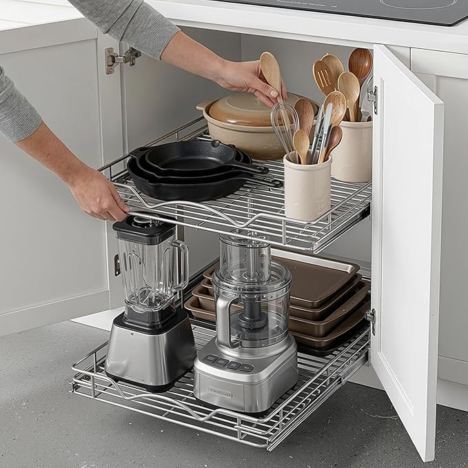 HOLDN’ STORAGE Two Tier Pull Out Cabinet Organizer, Individual Sliding Drawers - Heavy Duty Metal with Lifetime Limited Warranty - Anti Rust Chrome Finish - 24" W x 21”D x 16.5" H