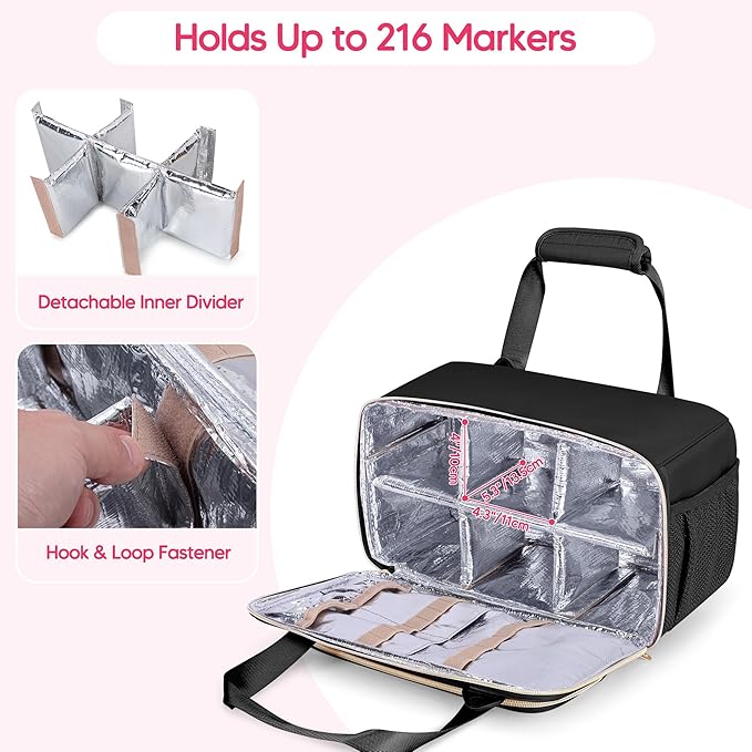 Marker Organizer Case Holding up to 216 Markers, Marker Storage Carrying Bag, Large Marker Holder with Shoulder Strap, Black