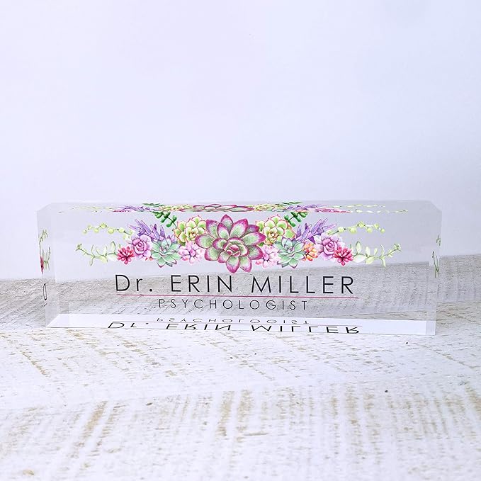 Artblox Office Desk Name Plate Personalized | Custom Name Plates for Desks | Succulents Design On Clear Acrylic Glass | Office Desk Decor - (8" x 2.5")