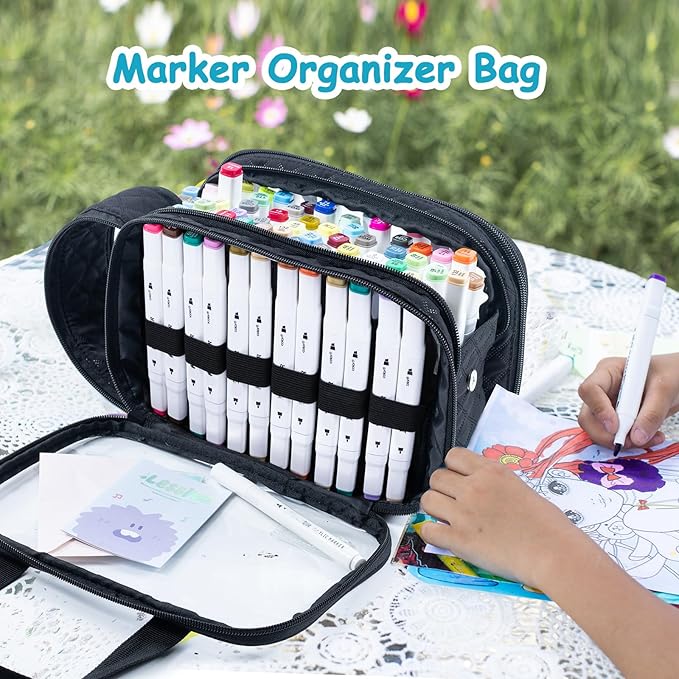 Marker Organizer Case – Holds 72-96Markers | Portable Art Marker Storage Bag with Clear View Panels & Removable Dividers | Marker Holder for Alcohol Markers, Pens, Craft Supplies(Case Only)