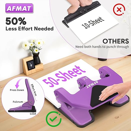AFMAT Heavy Duty 3 Hole Punch, 50-Sheet Capacity, 50% Reduced Effort Three Hole Puncher for Binder, 10K+ Uses, Large Chip Tray, Adjustable Paper Guide, Office Metal Paper Puncher 3 Ring HP20(Purple)