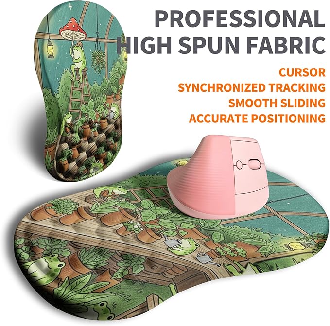 Ergonomic Joint Wrist Support Mouse Pad with Memory Foam Cushion Massage Bump, Carpal Tunnel Pain Relief Mousepad Slope Design for Wrist Rest, 11.8x7.9 in, Cute Frog