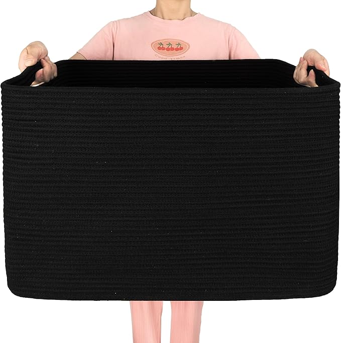 MINTWOOD Design 112L Extra Large Blanket Basket Holder Living Room, 25"x17"x16" Rectangle Rope Woven Storage Basket with Handles for Laundry, Pool Towels, Shoes, Dog Toy Organizer Bin Box, Black