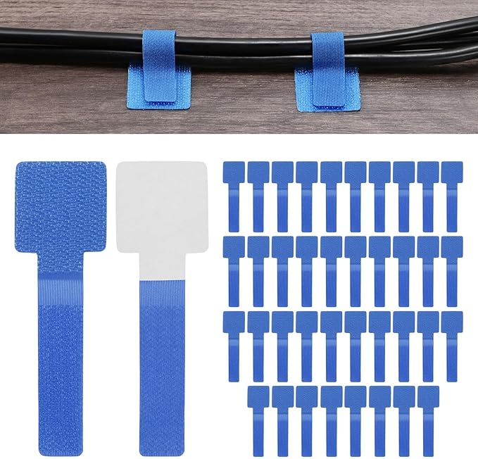 40-Pack Hook and Loop Cable Ties, 3.5 x 1.1 Inch Adjustable Self-Adhesive Cord Organizer for Desk/Home/Wall/Office Essentials, Cable Management Under Desk [Blue]
