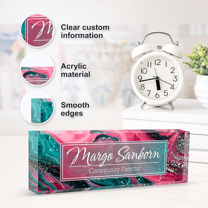 Personalized Name Plate for Desk, Custom Desk Name Plate, Acrylic Name Plate Office Desk Accessories, Personalized Office Gifts for Coworkers Teachers, Employee Appreciation Gifts (C-Teal Spark)