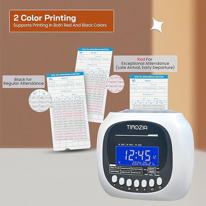 Time Clock for Employees Small Business, 6 U.S. Time Zones, Automatic Daylight Saving & Auto Time Update, Punch Card Time Recorder with 6 Punches Per Day-100 Time Cards, 2 Ribbons, 1 Card Rack