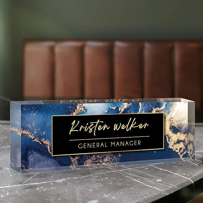 Desk Name Plate Personalized, Premium Blue Marble Acrylic Desk Name Plate, Personalized Name Plate for Desk, Office Decor for Women or Men Coworkers, Boss, Employee, Teacher