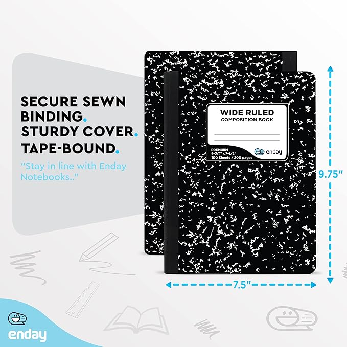 Emraw Composition Notebooks (48 Pack) Wide Ruled Paper Bulk, Hard Cover Composition Notebook, Lined Composition Books, 200 Pages (100 Sheets), Wide Ruled Notebook, (Black Marble)