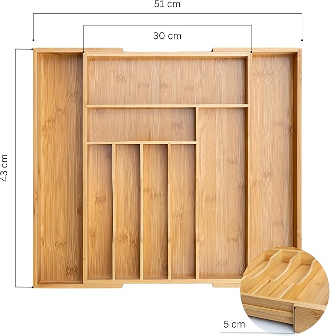 Cutlery Drawer Organizer for Kitchen Utensils, 13-20 Inches Expandable Bamboo Utensil Tray, Large Wooden Silverware Organizer Insert for Kitchen Drawers