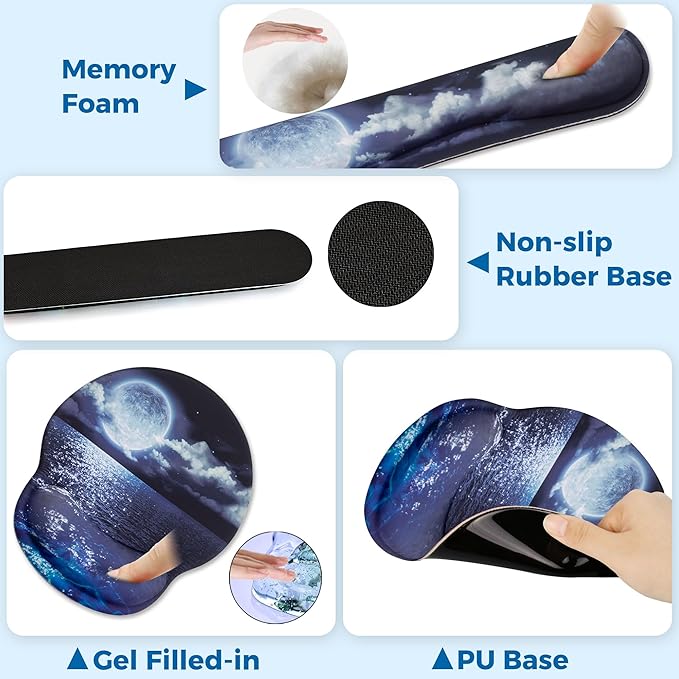 Mouse Pad and Keyboard Wrist Rest Support, with Non-Slip PU Base,Gel Mouse Pad with Coaster,Pain Relief for Gaming, Computer,Office -Moon Ocean