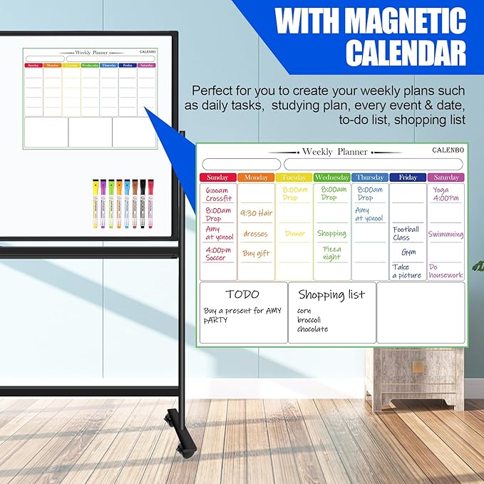 Magnetic Mobile Whiteboard 72 X 48 Rolling White Boards on Wheels, Large Double-Sided 6' x 4' Dry Erase Board with Stand, Standing White Board with Eraser & Marker & Magnet & Magnetic Calendar