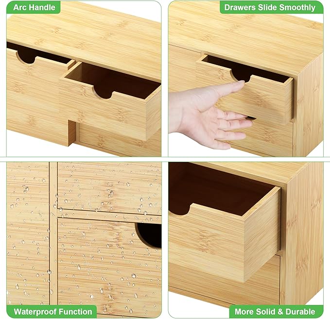Wisuce Desk Organizer with Drawers - Bamboo Desktop Organizer Storage | White-Natural Wood Desk Drawers Organizer for Bills, Office Supplies, Cosmetics, Seals No Assembly Required(3 drawers edge-free)