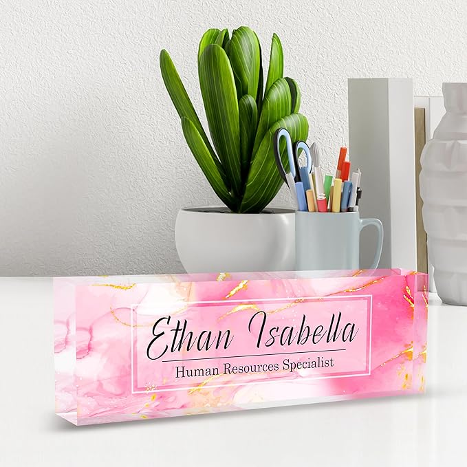 Custom Name Plate for Office - Personalized Desk Decor, Employee Appreciation Gifts - Pink Marble