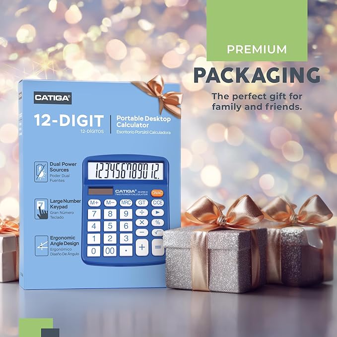 CATIGA Desktop Calculator 12 Digit with Large LCD Display and Sensitive Button, Solar and Battery Dual Power, Standard Function for Office, Home, School, CD-2786