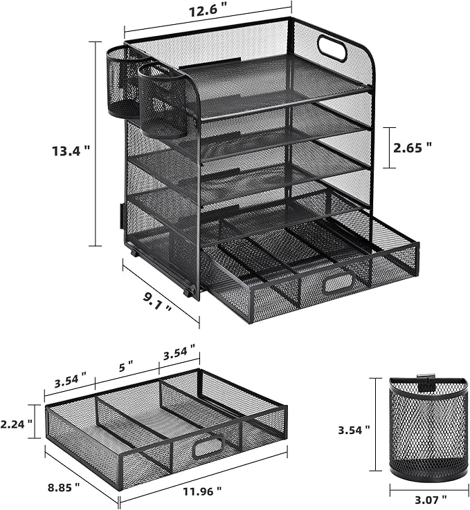 Lavatino 5 Tier Paper Organizer for Desk, Letter Tray with Drawer and 2 Pen Holders, Mesh File Sorter, Desktop Document Shelf Storage Organization Office School Home Black With Drawer